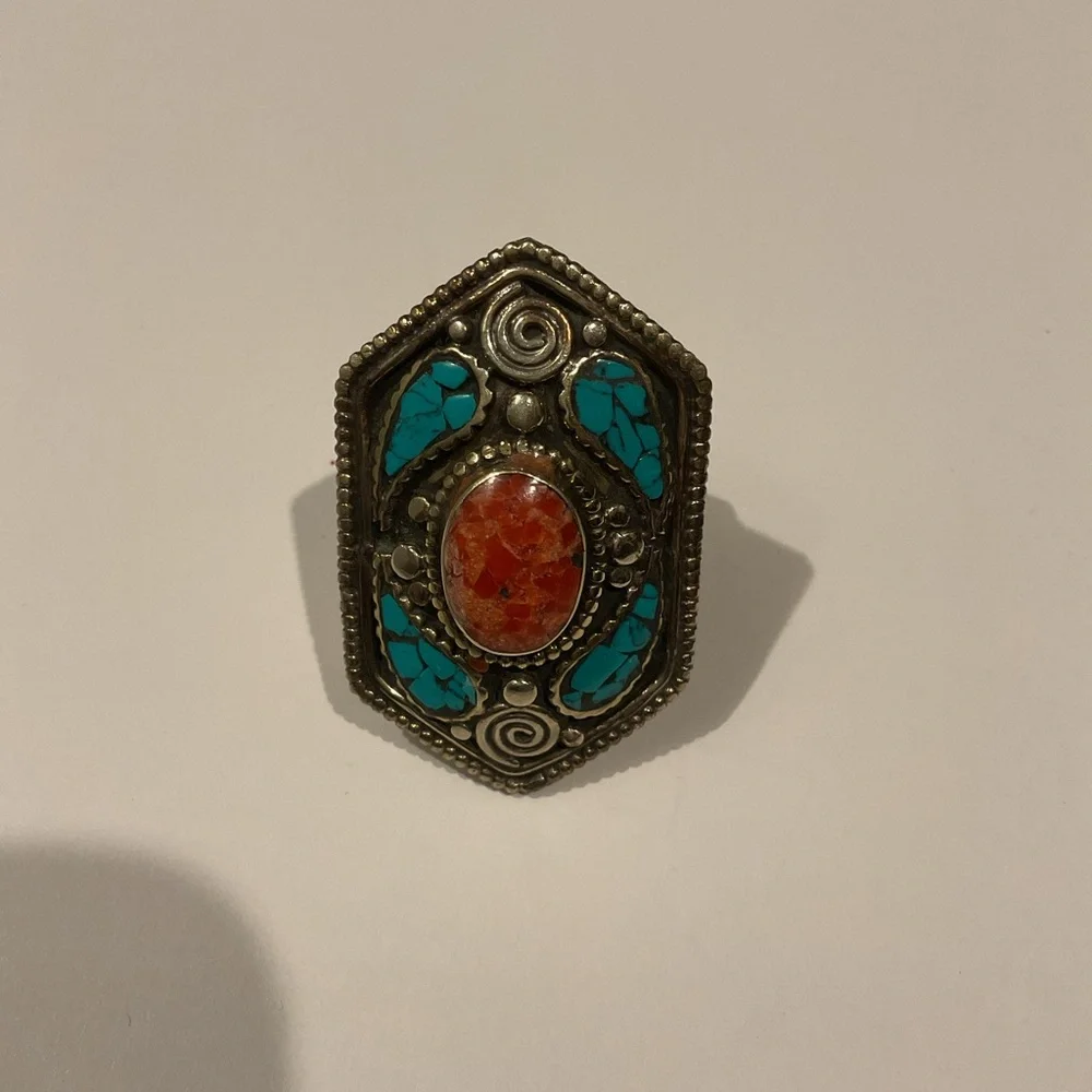 Vintage Mens Sterling Silver Large Southwestern Turquoise Ring Jewelry Y2K Heavy
